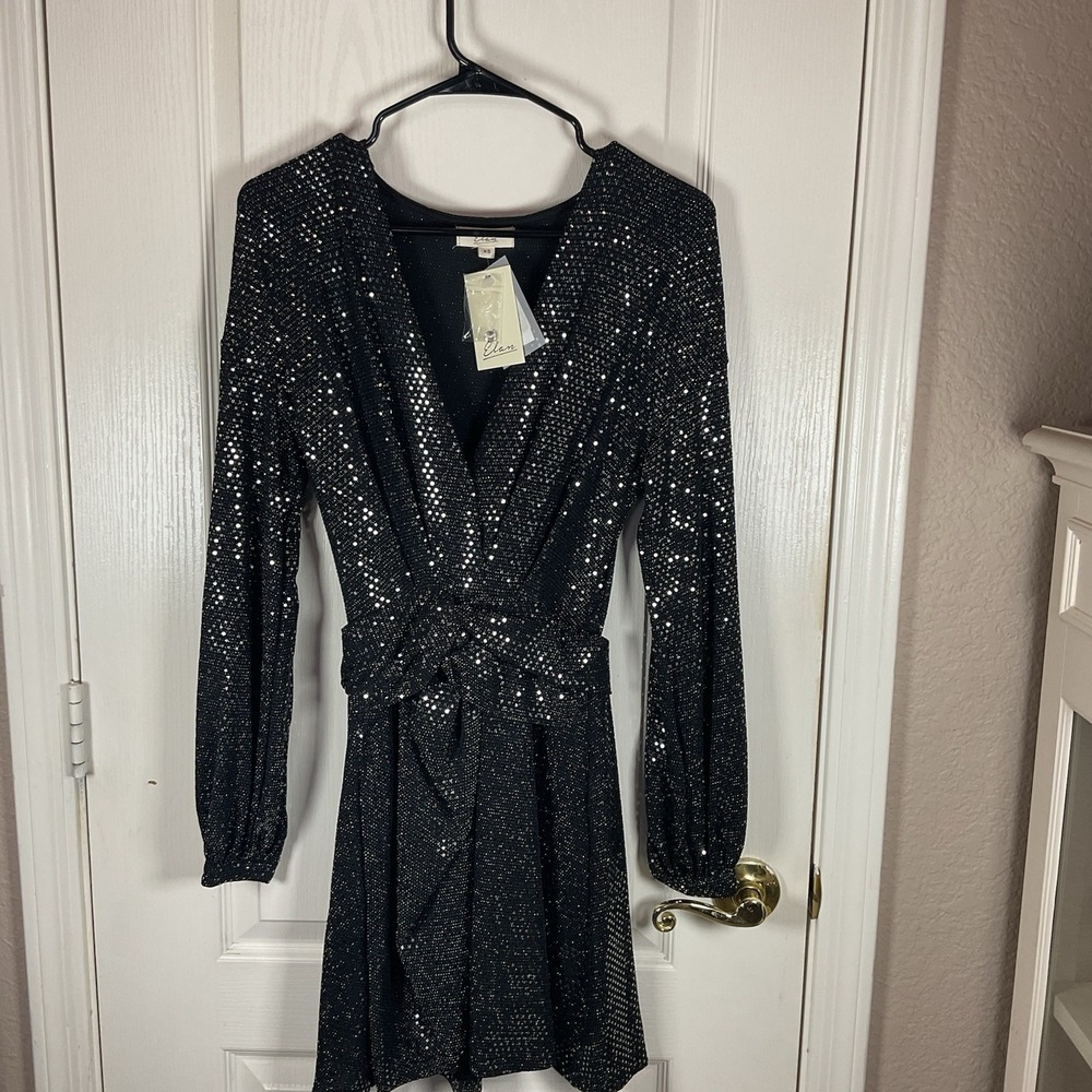 Elan Women's XS Black Sequin V‑Neck‎ Short Dress Formal Party Cocktail NWT